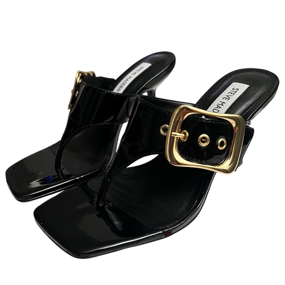 Steve Madden Black Faux Leather Thong Adjustable Y2K Glam Heels Sandals Size 7M - Picture 3 of 11